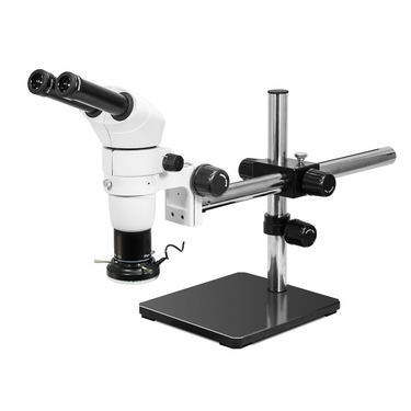 8-50X LED Light Boom Stand Binocular Parallel Zoom Stereo Microscope, SKU PZ02040123, three quarter front view