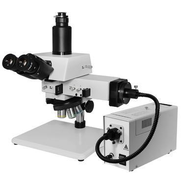 50X-500X Metallurgical Microscope, Trinocular, Halogen Fiber Optic Illuminator, Bright Field Dark Field + Polarizing Kit, SKU MT05010303, three quarter front view