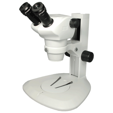 8X-50X Widefield Zoom Stereo Microscope, Binocular, Track Stand (Track Length 300mm) Fan Shaped Base, SKU SZ09010121, three quarter front view