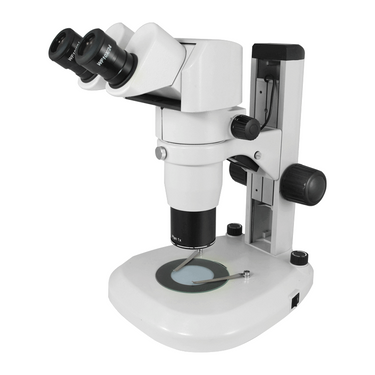 8X-80X Widefield Parallel Zoom Stereo Microscope, Binocular, Track Stand, LED Top and Bottom Light Siedentopf 0-35° Viewing Angle, SKU PZ04010322, three quarter front view