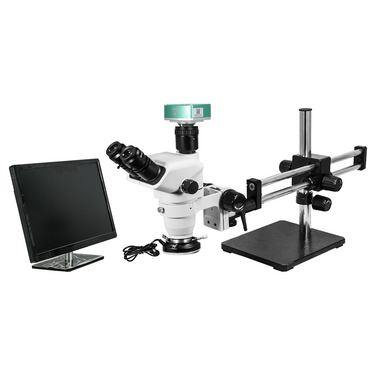 2.0 Megapixels 6.7-45X CMOS LED Light Dual Arm Stand Trinocular Zoom Stereo Microscope, SKU SZ02060533, three quarter front view