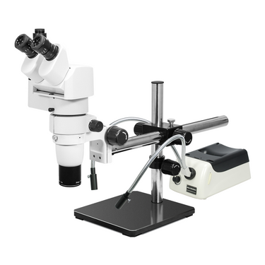 8-65X Halogen Light Boom Stand Trinocular Parallel Zoom Stereo Microscope, SKU PZ02040455, three quarter front view