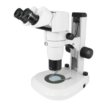 8X-50X Widefield Parallel Zoom Stereo Microscope, Binocular, Track Stand, LED Top and Bottom Light, SKU PZ04010122, three quarter front view