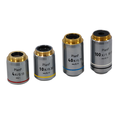Infinity-Corrected Plan Fluor Achromatic Microscope Objective Lens Set (Oil Spring) 4X 10X 40X 100X, SKU FM13013031, three quarter front view