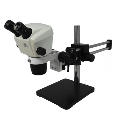 7X-45X Widefield Zoom Stereo Microscope, Binocular, Double Arm Boom Stand (Adjustable Eyepiece), SKU SZ02040521, three quarter front view