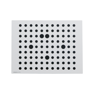 Manufacturing Precision ±10μm White Dot Calibration Target on Glass (200x150mm 11x9), SKU CT20010302, three quarter front view