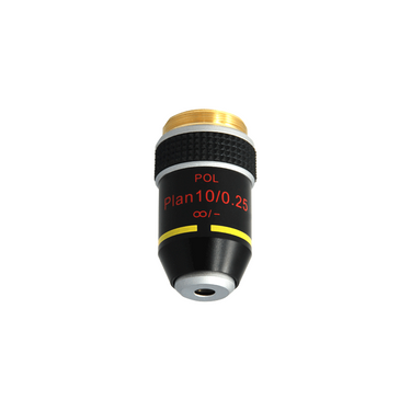 10X Infinity-Corrected Plan Achromatic POL Polarizing Microscope Objective Lens Working Distance 5.03mm with Black Finish, SKU PL04053331, three quarter front view