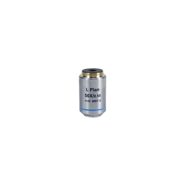 Objective Working Distance 7.0mm 50X Infinity Plan Long Working Distance Achromatic Metallurgical Objective, SKU MT02513531, three quarter front view
