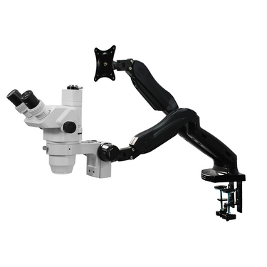 6.7-45X Dual Pnenmatic Arm Trinocular Zoom Stereo Microscope, SKU SZ02020733, three quarter front view