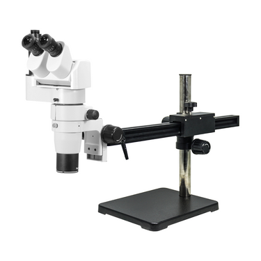 8-80X Ball Bearing Boom Stand Trinocular Parallel Zoom Stereo Microscope, SKU PZ02080253, three quarter front view