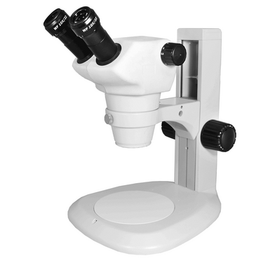 8X-50X Widefield Zoom Stereo Microscope, Binocular, Track Stand (Track Length 280mm) Fan Shaped Base, SKU SZ17010121, three quarter front view