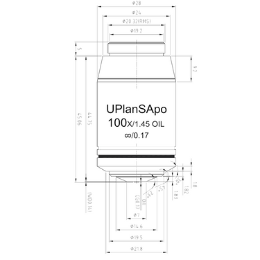 Objective Working Distance 0.14mm 100X Infinity Plan Super-Apochromatic Objective, SKU BM05213842, three quarter front view