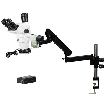 6.7-45X LED Light Flexible Arm Trinocular Zoom Stereo Microscope, SKU SZ02060732, three quarter front view