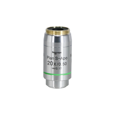 Objective Working Distance 2.1mm 20X Infinity Plan Semi-Apochromatic Objective, SKU Nexcope-NE620-Objective-20-S-APO, three quarter front view