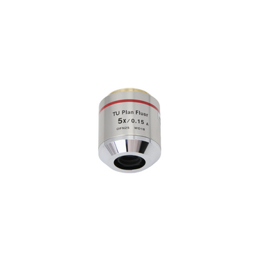 Objective Working Distance 18mm 5X Infinity Plan Semi Apochromatic Bright Dark Field Metallurgical Objective, SKU DF02623231, three quarter front view
