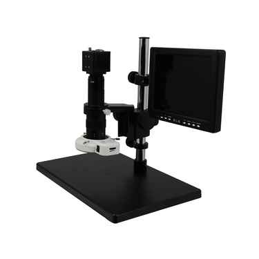 0.35X-2.25X LED Industrial Inspection Video Zoom Microscope, Post Stand + Digital Camera + 8 in. Monitor, SKU MZ19020102, three quarter front view