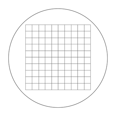 Microscope Eyepiece Reticle Net Grid Micrometer 10x10mm, 100 Squares, Dia. 22mm 1.5mm, SKU RT20105141, three quarter front view