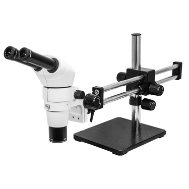 8-80X Dual Arm Stand Binocular Parallel Zoom Stereo Microscope, SKU PZ02050121, three quarter front view