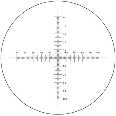 Microscope Eyepiece Reticle Cross Line Micrometer Ruler, Dual Axis Crosshair Scale Dia. 22mm, 10mm/100 Div., SKU RT20104142, three quarter front view
