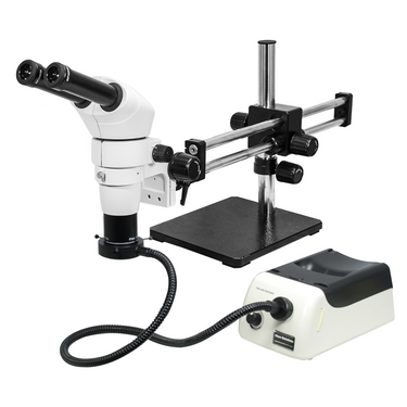 8-80X Halogen Light Dual Arm Stand Binocular Parallel Zoom Stereo Microscope, SKU PZ02050124, three quarter front view