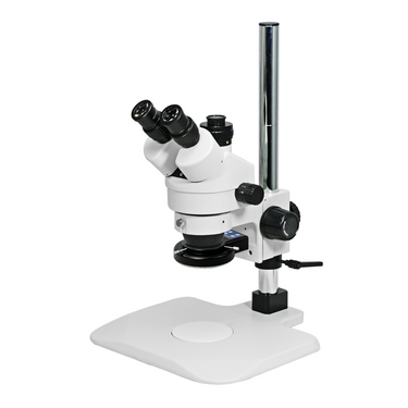 7-45X LED Light Post Stand Trinocular Zoom Stereo Microscope, SKU SZ02010239, three quarter front view