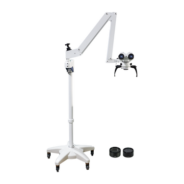 4X/6X/6.5X/10X/10.5X/16X LED Coaxial Reflection Light Pneumatic Arm Floor Stand Binocular Parallel Multiple Power Operation Surgical Microscope, SKU SM51010123, three quarter front view
