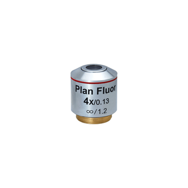 4X Infinity-Corrected Long Working Distance Plan Fluor Apochromatic Microscope Objective Lens Working Distance 19.72mm, SKU FM06023241, three quarter front view