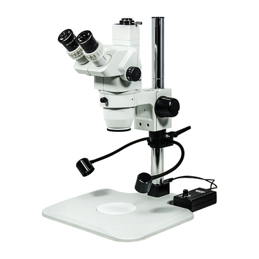 6.7-45X LED Light Post Stand Trinocular Zoom Stereo Microscope, SKU SZ02020236, three quarter front view