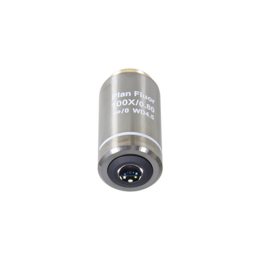 Objective Working Distance 4.5mm 100X Infinity Plan Long Working Distance Achromatic Metallurgical Objective, SKU MT02523831, three quarter front view