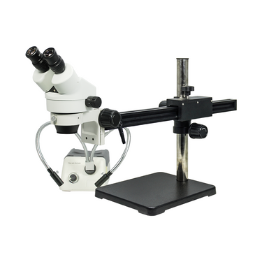 7X-45X Widefield Zoom Stereo Microscope, Trinocular, Gliding Arm Boom Stand, SKU SZ02010432, three quarter front view