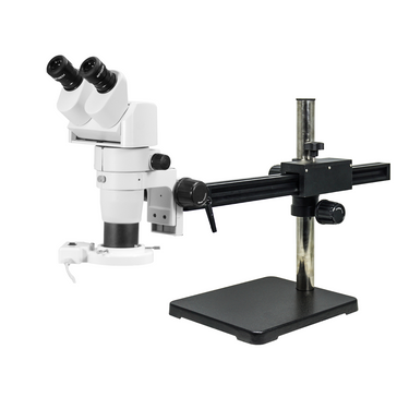 8-50X Ball Bearing Boom Stand Fluorescence Light Binocular Parallel Zoom Stereo Microscope, SKU PZ02080244, three quarter front view