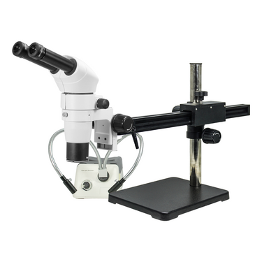8-80X Ball Bearing Boom Stand Halogen Light Binocular Parallel Zoom Stereo Microscope, SKU PZ02080263, three quarter front view