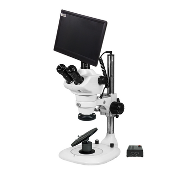 4-200X 5.0 Megapixels CMOS LED Light Post Stand LED Dual Illuminated Light Trinocular Zoom Stereo Microscope, SKU SZ02030234, three quarter front view