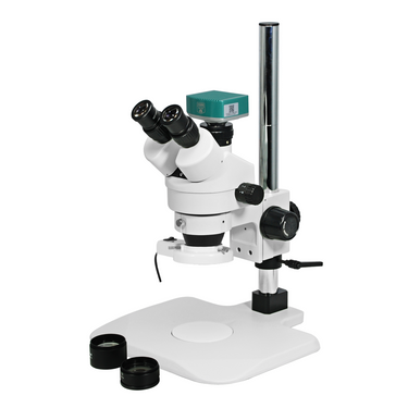 2.0 Megapixels 3.5-90X CMOS Post Stand Fluorescence Light Trinocular Zoom Stereo Microscope, SKU SZ02010237, three quarter front view