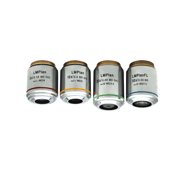 Infinity-Corrected Long Working Distance LM Plan Achromatic Dark Field Metallurgical Microscope Objective Lens Set 5X 10X 20X 50X, SKU DF05163031, three quarter front view