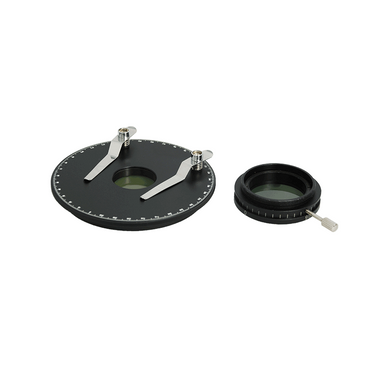 Simple Rotating Polarizer Kit for Microscope, with Stage Plate + Clips, SKU SA41141101, three quarter front view