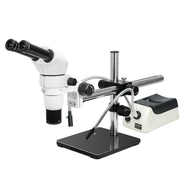 8-65X Halogen Light Boom Stand Binocular Parallel Zoom Stereo Microscope, SKU PZ02040426, three quarter front view