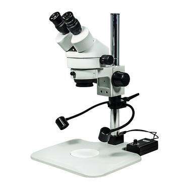 7-45X LED Light Post Stand Binocular Zoom Stereo Microscope, SKU SZ02010225, three quarter front view