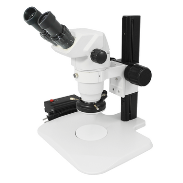6.5X-45X Super Widefield Zoom Stereo Microscope, Trinocular, Track Stand + LED Ring Light, SKU SZ02020063, three quarter front view