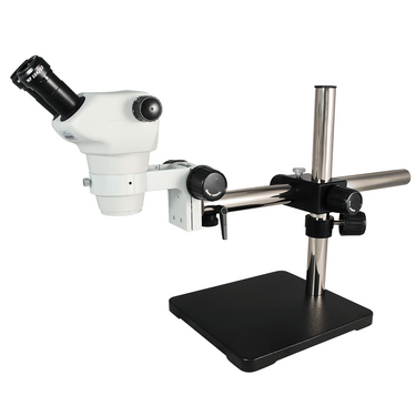 8X-50X Widefield Zoom Stereo Microscope, Binocular, Single Arm Boom Stand, SKU SZ02030421, three quarter front view