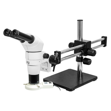 8-80X Dual Arm Stand Fluorescence Light Binocular Parallel Zoom Stereo Microscope, SKU PZ02050122, three quarter front view