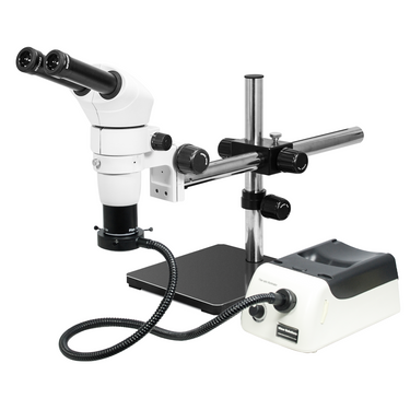 8-50X Halogen Light Boom Stand Binocular Parallel Zoom Stereo Microscope, SKU PZ02040124, three quarter front view