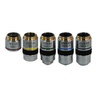 Achromatic Polarizing Microscope Objective Lens Set (Spring) 4X 10X 25X 40X 63X, SKU PL04083011, three quarter front view