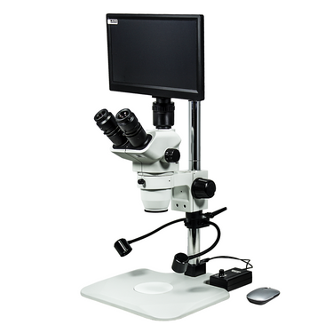 2.0 Megapixels 6.7-45X CMOS LED Light Post Stand Trinocular Zoom Stereo Microscope, SKU SZ02060239, three quarter front view