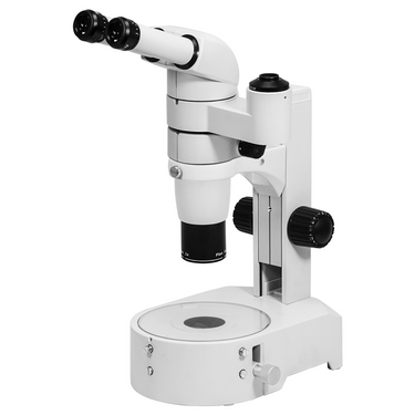 8-65X Track Stand Halogen Transmitted Light Binocular Parallel Zoom Stereo Microscope, SKU PZ17120131, three quarter front view