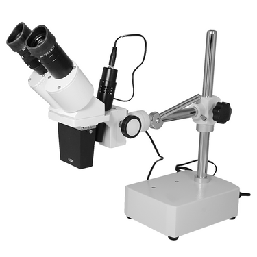 5X Widefield Stereo Microscope, Binocular, Single Arm Boom Stand with Arbor, LED Top Light, SKU FS12060223, three quarter front view