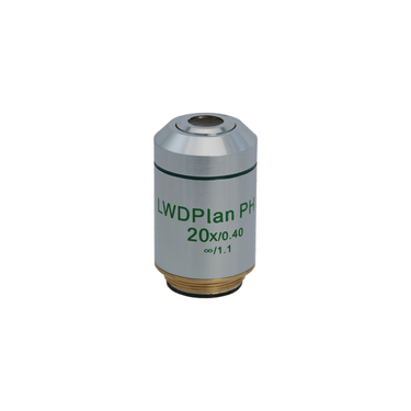 20X Infinity-Corrected (LWD Plan PH P) Long Working Distance Achromatic Positive Phase Contrast Microscope Objective Lens Working Distance 7.97mm, SKU PH03033431, three quarter front view