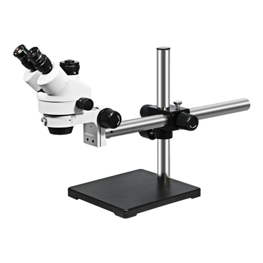 7X-45X Widefield Zoom Stereo Microscope, Trinocular, Single Arm Boom Stand (Siedentopf), SKU SZ02010431, three quarter front view