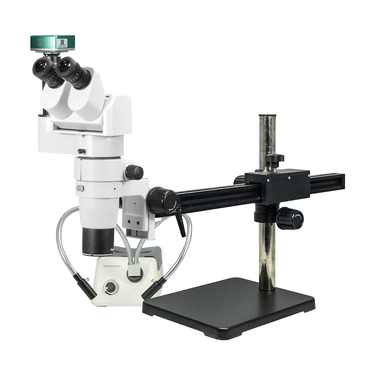 2.0 Megapixels 8-65X CMOS Ball Bearing Boom Stand Halogen Light Trinocular Parallel Zoom Stereo Microscope, SKU PZ02080275, three quarter front view