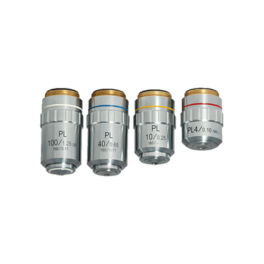 Plan Achromatic Microscope Objective Lens Set (Oil Spring) 4X 10X 40X 100X, SKU BM14033031, three quarter front view